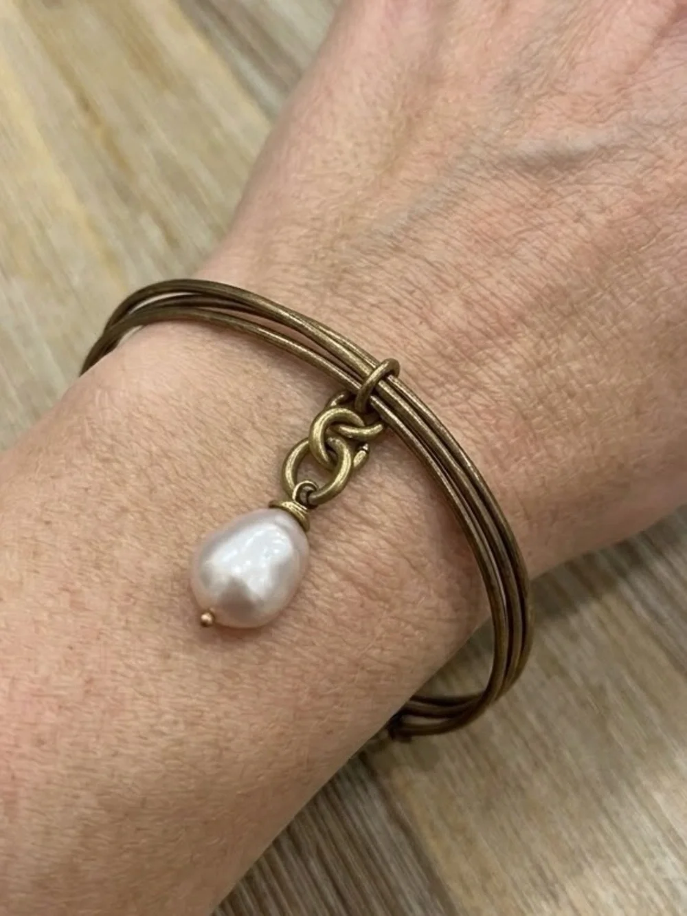 Bronze Multi-Strand Bangle Bracelet with Baroque Freshwater Pearl Dangle Charm